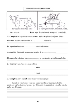 82
Vaca: animal. Baca: lugar de un vehículo para poner el equipaje.
1.- Completa las siguientes frases con vaca o baca. Cópialas debajo sin faltas:
Llevamos muchas maletas sobre la........................... del coche.
________________________________________________________________________________________________________________________________________________________________
________________________________________________________________________________________________________________________________________________________________
En la pradera había una........................... comiendo hierba.
________________________________________________________________________________________________________________________________________________________________
________________________________________________________________________________________________________________________________________________________________
Amarra bien el equipaje para que no se caiga de la.............................
________________________________________________________________________________________________________________________________________________________________
________________________________________________________________________________________________________________________________________________________________
El vaquero ha ordeñado una........................ y ha conseguido varios litros de leche.
________________________________________________________________________________________________________________________________________________________________
________________________________________________________________________________________________________________________________________________________________
2.- Construye una frase con cada palabra:
baca:
________________________________________________________________________________________________________________________________________________________________
________________________________________________________________________________________________________________________________________________________________
vaca:
________________________________________________________________________________________________________________________________________________________________
________________________________________________________________________________________________________________________________________________________________
3.- Completa con v o con b estas frases. Cópialas debajo:
Durante el viaje hemos visto una _aca a la orilla de la carretera. Estaba
comiendo hierba. Después tuvimos que detenernos porque se iban a caer las maletas
de la _aca del coche.
________________________________________________________________________________________________________________________________________________________________
________________________________________________________________________________________________________________________________________________________________
________________________________________________________________________________________________________________________________________________________________
________________________________________________________________________________________________________________________________________________________________
________________________________________________________________________________________________________________________________________________________________
________________________________________________________________________________________________________________________________________________________________
________________________________________________________________________________________________________________________________________________________________
________________________________________________________________________________________________________________________________________________________________
Palabras homófonas: vaca – baca.
 