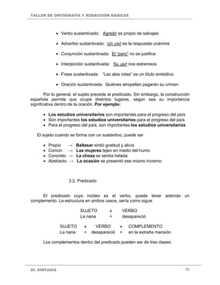 TALLER DE ORTOGRAFÍA Y REDACCIÓN BÁSICAS




             • Verbo sustantivado: Agredir es propio de salvajes

             • Adverbio sustantivado: Un ¡no! es la respuesta unánime

             • Conjunción sustantivada: El “pero” no se justifica

             • Interjección sustantivada: Su ¡ay! nos estremece

             • Frase sustantivada: “Las alas rotas” es un título simbólico

             • Oración sustantivada: Quiénes atropellan pagarán su crimen

        Por lo general, el sujeto precede al predicado. Sin embargo, la construcción
española permite que ocupe distintos lugares, según sea su importancia
significativa dentro de la oración. Por ejemplo:

      • Los estudios universitarios son importantes para el progreso del país
      • Son importantes los estudios universitarios para el progreso del país
      • Para el progreso del país, son importantes los estudios universitarios

   El sujeto cuando se forma con un sustantivo, puede ser

      •   Propio      →   Baltasar sintió gratitud y alivio
      •   Común       →   Las mujeres tejen en medio del humo
      •   Concreto    →   La choza se sentía helada
      •   Abstracto   →   La ocasión se presentó ese mismo invierno



                      3.2. Predicado


      El predicado cuyo núcleo es el verbo, puede tener además un
complemento. La estructura en ambos casos, sería como sigue:

                            SUJETO       +      VERBO
                            La nana       +     desapareció

                SUJETO       +     VERBO       +   COMPLEMENTO
                La nana      +   desapareció   +   en la extraña mansión

      Los complementos dentro del predicado pueden ser de tres clases:




III. SINTAXIS                                                                    53
 