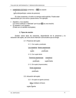 TALLER DE ORTOGRAFÍA Y REDACCIÓN BÁSICAS
III. SINTAXIS 51
• HABIENDO ESTADO contentos → NO es oración
↓
(gerundio/participio: carece de persona)
En otras ocasiones, el verbo no siempre está explícito. Puede estar
representado por una coma o pausa breve. Por ejemplo:
• Zapatero, a tus zapatos.
(La coma sustituye a “dedícate” por lo que SÍ es una oración)
• El zapatero y tus zapatos...
(Frase con un sentido incompleto)
2. Tipos de oración
Existen varios tipos de oraciones, dependiendo de la presencia y la
actuación del sujeto, así como de la intención comunicativa que se tenga:
2.1. Presencia del sujeto
2.1.1. Con sujeto y predicado
Los maestros tienen esperanzas
↓ ↓
sujeto predicado
2.1.2. Con sujeto tácito
Tenemos esperanzas (nosotros)
↓ ↓
predicado sujeto tácito
2.1.3. Sin sujeto (impersonales)
Tener esperanza
↓
predicado
2.2. Actuación del sujeto
2.2.1. El sujeto es agente (activas)
Ellos moldean el futuro
↓
sujeto agente
 