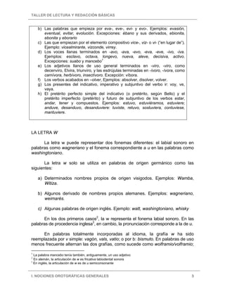 TALLER DE LECTURA Y REDACCIÓN BÁSICAS
I. NOCIONES OROTGRÁFICAS GENERALES 3
b) Las palabras que empieza por eva-, eve-, evi- y evo-. Ejemplos: evasión,
eventual, evitar, evolución. Excepciones: ébano y sus derivados, ebionita,
ebonita y eborario
c) Las que empiezan por el elemento compositivo vice-, viz- o vi- (“en lugar de”).
Ejemplo: vicealmirante, vizconde, virrey.
d) Los voces llanas terminados en -avo, -ava, -evo, -eva, -eve, -ivo, -iva.
Ejemplos: esclavo, octava, longevo, nueva, aleve, decisiva, activo.
Excepciones: suabo y mancebo1
e) Los adjetivos llanos de uso general terminados en -viro, -viro, como
decenviro, Elvira, triunviro, y las esdrújulas terminadas en -ívoro, -ívora, como
carnívora, herbívoro, insectívoro. Excepción: víbora.
f) Los verbos acabados en –olver, Ejemplos: absolver, disolver, volver.
g) Los presentes del indicativo, imperativo y subjuntivo del verbo ir: voy, ve,
vaya.
h) El pretérito perfecto simple del indicativo (o pretérito, según Bello) y el
pretérito imperfecto (pretérito) y futuro de subjuntivo de los verbos estar,
andar, tener y compuestos. Ejemplos: estuvo, estuviéramos, estuviere;
anduve, desanduvo, desanduviere: tuviste, retuvo, sostuviera, contuviese,
mantuviere.
LA LETRA W
La letra w puede representar dos fonemas diferentes: el labial sonoro en
palabras como wagneriano y el fonema correspondiente a u en las palabras como
washingtoniano.
La letra w solo se utiliza en palabras de origen germánico como las
siguientes:
a) Determinados nombres propios de origen visigodos. Ejemplos: Wamba,
Witiza.
b) Algunos derivado de nombres propios alemanes. Ejemplos: wagneriano,
weimarés.
c) Algunas palabras de origen inglés. Ejemplo: watt, washingtoniano, whisky
En los dos primeros casos2
, la w representa el fonema labial sonoro. En las
palabras de procedencia inglesa3
, en cambio, la pronunciación corresponde a la de u.
En palabras totalmente incorporadas al idioma, la grafía w ha sido
reemplazada por v simple: vagón, vals, vatio; o por b: bismuto. En palabras de uso
menos frecuente alternan las dos grafías, como sucede como wolframio/volframio;
1
La palabra mancebo tenía también, antiguamente, un uso adjetivo
2
En alemán, la articulación de w es fricativa labiodental sonora
3
En inglés, la articulación de w es de u semiconsonante
 