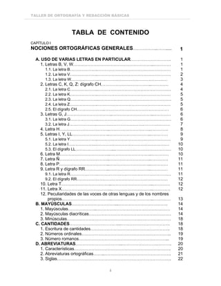 TALLER DE ORTOGRAFÍA Y REDACCIÓN BÁSICAS
i
TABLA DE CONTENIDO
CAPÍTULO I
NOCIONES ORTOGRÁFICAS GENERALES……………..……..... 1
A. USO DE VARIAS LETRAS EN PARTICULAR………………………. 1
1. Letras B, V, W………………………………………………..………… 1
1.1. La letra B……………….…………………………………………… 1
1.2. La letra V……………….…………………………………………… 2
1.3. La letra W……………….………………………………………… 3
2. Letras C, K, Q, Z: dígrafo CH……………………………..………… 4
2.1. La letra C……………….…………………………………………… 4
2.2. La letra K……………….…………………………………………… 5
2.3. La letra Q……………….…………………………………………… 5
2.4. La letra Z……………….…………………………………………… 5
2.5. El dígrafo CH……………….……………………………………… 6
3. Letras G, J…………………………..………………………..………… 6
3.1. La letra G……………….…………………………………………… 6
3.2. La letra J……………….…………………………………………… 7
4. Letra H……………………………..………………………..………… 8
5. Letras I, Y, LL……………………..………………………..………… 9
5.1. La letra Y……………….…………………………………………… 9
5.2. La letra I……………….…………………………………………… 10
5.3. El dígrafo LL……….……………...………………………………… 10
6. Letra M……………………………..………………………..………… 10
7. Letra Ñ……………………………..………………………..………… 11
8. Letra P……………………………..………………………..………… 11
9. Letra R y dígrafo RR……………..………………………..………… 11
9.1. La letra R……………….…………………………………………… 11
9.2. El dígrafo RR……………………………………………………… 12
10. Letra T……………………………..………………………..………… 12
11. Letra X……………………………..………………………..………… 12
12. Peculiaridades de las voces de otras lenguas y de los nombres
propios……………………………..………………………..………… 13
B. MAYÚSCULAS…………………………...……………………………. 14
1. Mayúsculas………………..…………………………………………… 14
2. Mayúsculas diacríticas………………………………………………… 14
3. Minúsculas……………………………………………………………… 18
C. CANTIDADES……………………………...……………………………. 18
1. Escritura de cantidades………………………………………………. 18
2. Números ordinales…………………………………………………….. 19
3. Número romanos……………………………………………………... 19
D. ABREVIATURAS…………………………...……………………………. 20
1. Características…………………………………………………………. 20
2. Abreviaturas ortográficas……..………………………………………. 21
3. Siglas……………………………………………………………………. 22
 