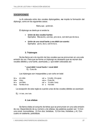 TALLER DE LECTURA Y REDACCIÓN BÁSICAS
I. NOCIONES OROTGRÁFICAS GENERALES 27
EXCEPCIONES.
La h colocada entre dos vocales diptongables, no impide la formación del
diptongo, como en los siguientes casos:
Rehu-sar, prohi-bir.
El diptongo se destruye si existe la:
• Unión de dos vocales fuertes:
Ejemplos: Ma-es-tro, a-é-reo, pro-ve-e, con-tem-po-rá-ne-a.
• Unión de una vocal fuerte y una débil con acento:
Ejemplos: pa-ís, dú-o, con-ti-nú-o.
3. Triptongos
Se les llama así a la reunión de tres vocales que se pronuncian en una sola
emisión de voz. Para que se forme un triptongo es necesario que se reúnan dos
vocales débiles y una fuerte, acentuada, y que estén colocadas así:
* vocal débil +vocal fuerte + vocal débil
Ej.: Cuau-tla
Los triptongos son inseparables y son ocho en total:
iai en-viáis uai li-cuáis, Uru-guay
iau miau uau Cuau-tla
iei por-fiéis uei li-cuéis, buey
ieu ha-liéu-ti-ca ioi hioi-des
La excepción de esta regla es cuando unas de las vocales débiles se acentúan:
Ej.: i-rí-ais, cre-í-ais
4. Las sílabas
Se llama sílaba al conjunto de letras que se pronuncian en una sola emisión
de voz. Dependiendo de su número y de sílabas, las palabras pueden ser: 1) Con
una vocal, monosílabas, 2) Con dos, bisílabas, 3) Con tres, trisílabas, y 4) Con
cuatro en adelante, polisílabas.
 