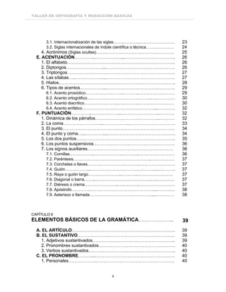 TALLER DE ORTOGRAFÍA Y REDACCIÓN BÁSICAS
ii
3.1. Internacionalización de las siglas…….………..…………………… 23
3.2. Siglas internacionales de índole científica o técnica…….………… 24
4. Acrónimos (Siglas ocultas)………………………….…………………. 25
E. ACENTUACIÓN…………..………………...……………………………. 26
1. El alfabeto………………………………………………………………. 26
2. Diptongos……………………....………………………………………. 26
3. Triptongos………………………………………………………………. 27
4. Las sílabas…..………………....………………………………………. 27
5. Hiatos……………………………………………………………………. 28
6. Tipos de acentos……………....………………………………………. 29
6.1. Acento prosódico……………………..………..…………………… 29
6.2. Acento ortográfico……………………………………..….………… 30
6.3. Acento diacrítico…………………..….………..…………………… 30
6.4. Acento enfático…………………………………………....………… 32
F. PUNTUACIÓN…………..………………...……………………..………. 32
1. Dinámica de los párrafos……………………………………..………. 32
2. La coma……………………....……………...…………………………. 33
3. El punto…………………………………………………………………. 34
4. El punto y coma…..…………....………………………………………. 34
5. Los dos puntos…………………………………………………………. 35
6. Los puntos suspensivos………………………………………………. 36
7. Los signos auxiliares…………………………………………………. 36
7.1. Comillas……………..………………..………..…………………… 36
7.2. Paréntesis……………………………………………..….………… 37
7.3. Corchetes o llaves…………………….………..…………………… 37
7.4. Guión……………...……………………………………....………… 37
7.5. Raya o guión largo…………………..………..…………………… 37
7.6. Diagonal o barra……..………………………………..….………… 37
7.7. Diéresis o crema…………………..….………..…………………… 37
7.8. Apóstrofo………….……………………………………....………… 38
7.9. Asterisco o llamada……………………………………....………… 38
CAPÍTULO II
ELEMENTOS BÁSICOS DE LA GRAMÁTICA…………………... 39
A. EL ARTÍCULO……………………………………………………………. 39
B. EL SUSTANTIVO………………………………………………………… 39
1. Adjetivos sustantivados……………………………………………….. 39
2. Pronombres sustantivados……………………………………………. 40
3. Verbos sustantivados……….…………………………………………. 40
C. EL PRONOMBRE………...……………………………………………… 40
1. Personales………………..……………………………………………. 40
 