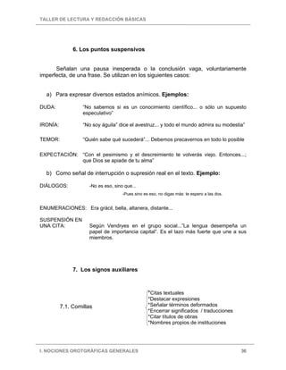 TALLER DE LECTURA Y REDACCIÓN BÁSICAS
I. NOCIONES OROTGRÁFICAS GENERALES 36
6. Los puntos suspensivos
Señalan una pausa inesperada o la conclusión vaga, voluntariamente
imperfecta, de una frase. Se utilizan en los siguientes casos:
a) Para expresar diversos estados anímicos. Ejemplos:
DUDA: “No sabemos si es un conocimiento científico... o sólo un supuesto
especulativo”
IRONÍA: “No soy águila” dice el avestruz... y todo el mundo admira su modestia”
TEMOR: “Quién sabe qué sucederá”... Debemos precavernos en todo lo posible
EXPECTACIÓN: “Con el pesimismo y el descreimiento te volverás viejo. Entonces...;
que Dios se apiade de tu alma”
b) Como señal de interrupción o supresión real en el texto. Ejemplo:
DIÁLOGOS: -No es eso, sino que...
-Pues sino es eso, no digas más: te espero a las dos.
ENUMERACIONES: Era grácil, bella, altanera, distante...
SUSPENSIÓN EN
UNA CITA: Según Vendryes en el grupo social...”La lengua desempeña un
papel de importancia capital”. Es el lazo más fuerte que une a sus
miembros.
7. Los signos auxiliares
7.1. Comillas
*Citas textuales
*Destacar expresiones
*Señalar términos deformados
*Encerrar significados / traducciones
*Citar títulos de obras
*Nombres propios de instituciones
 