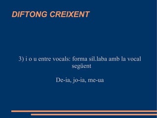 DIFTONG CREIXENT 3) i o u entre vocals: forma síl.laba amb la vocal següent De-ia, jo-ia, me-ua 