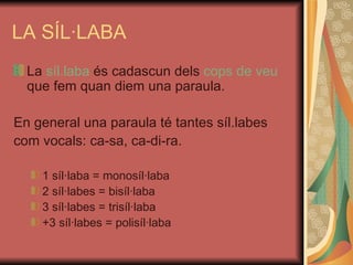 LA SÍL·LABA La  síl.laba  és cadascun dels  cops de veu  que fem quan diem una paraula.  En general una paraula té tantes síl.labes com vocals: ca-sa, ca-di-ra. 1 síl·laba = monosíl·laba 2 síl·labes = bisíl·laba 3 síl·labes = trisíl·laba +3 síl·labes = polisíl·laba 