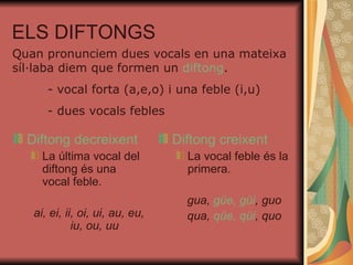 ELS DIFTONGS Diftong decreixent La última vocal del diftong és una vocal feble. ai, ei, ii, oi, ui, au, eu, iu, ou, uu Diftong creixent La vocal feble és la primera. gua,  güe, güi , guo qua,  qüe, qüi , quo Quan pronunciem dues vocals en una mateixa síl·laba diem que formen un  diftong . - vocal forta (a,e,o) i una feble (i,u) - dues vocals febles 