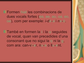 Formen  hiat  les combinacions de dues vocals fortes ( ea, ae, ao, oa, eo, oe ), com per exemple:  i-d e - a  i  n e - ó . També en formen la  i  i la  u  seguides de vocal, quan van precedides d’una consonant que no sigui la  q  ni la  g , com ara: can-v i - a r, n u - a  o ll u - e nt. 