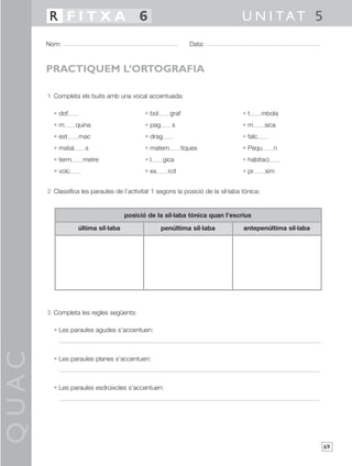 R FITXA 6                                                                   U N I TAT 5
       Nom:                                                       Data:



       PRACTIQUEM L’ORTOGRAFIA

       1 Completa els buits amb una vocal accentuada:

         • dof                               • bol      graf                       •t        mbola
         •m        quina                     • pag       s                         •m         sica
         • est     mac                       • drag                                • falc
         • matal      s                      • matem           tiques              • Pequ        n
         • term      metre                   •l       gica                         • habitaci
         • volc                              • ex      rcit                        • pr       xim


       2 Classifica les paraules de l’activitat 1 segons la posició de la síl·laba tònica:


                                     posició de la síl·laba tònica quan l’escrius

                   última síl·laba                   penúltima síl·laba            antepenúltima síl·laba




       3 Completa les regles següents:

         • Les paraules agudes s’accentuen:
QUAC




         • Les paraules planes s’accentuen:



         • Les paraules esdrúixoles s’accentuen:




                                                                                                            69
 