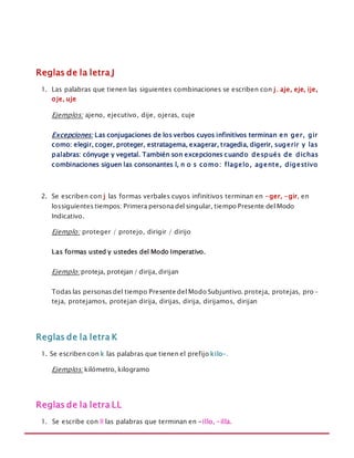 MANUAL DE REGLAS ORTOGRÁFICAS
Reglas de la letra J
1. Las palabras que tienen las siguientes combinaciones se escriben con j. aje, eje, ije,
oje, uje
Ejemplos: ajeno, ejecutivo, dije, ojeras, cuje
Excepciones: Las conjugaciones de los verbos cuyos infinitivos terminan en ger, gir
como: elegir, coger, proteger, estratagema, exagerar, tragedia, digerir, sugerir y las
palabras: cónyuge y vegetal. También son excepciones cuando después de dichas
combinaciones siguen las consonantes l, n o s como: flagelo, agente, digestivo
2. Se escriben con j las formas verbales cuyos infinitivos terminan en -ger, -gir, en
lossiguientes tiempos: Primera persona del singular, tiempo Presente del Modo
Indicativo.
Ejemplo: proteger / protejo, dirigir / dirijo
Las formas usted y ustedes del Modo Imperativo.
Ejemplo: proteja, protejan / dirija, dirijan
Todas las personas del tiempo Presente del Modo Subjuntivo. proteja, protejas, pro-
teja, protejamos, protejan dirija, dirijas, dirija, dirijamos, dirijan
Reglas de la letra K
1. Se escriben con k las palabras que tienen el prefijo kilo-.
Ejemplos: kilómetro, kilogramo
Reglas de la letra LL
1. Se escribe con ll las palabras que terminan en -illo, -illa.
 