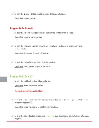 MANUAL DE REGLAS ORTOGRÁFICAS
3. Se escribe q antes de la u muda seguida de las vocales e, i.
Ejemplos: queso, quiste
Reglas de la letra R
1. Se escribe r doble cuando el sonido es múltiple y está entre vocales.
Ejemplos: carrera, barril, arroyo
2. Se escribe r simple cuando el sonido es múltiple y está entre una vocal y una
conso-nante.
Ejemplos: alrededor, Enrique, desraizar
3. Se escribe r simple en posición final de palabra
Ejemplos: amor, temor, esperar, verificar
Reglas de la letra S
1. Se escribe s al final de las palabras llanas.
Ejemplos: telas, andamos, penas
Excepciones: alférez, cáliz, lápiz
2. Se escriben con s los vocablos compuestos y derivados de otros que también se es-
criben con esta letra.
Ejemplos: pesar / pesado, sensible / insensibilidad
3. Se escribe con s las terminaciones -esa, -isa que signifiquen dignidades u oficios de
mujeres.
10
 