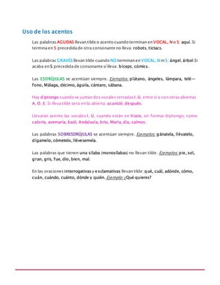 MANUAL DE REGLAS ORTOGRÁFICAS
Uso de los acentos
Las palabras AGUDAS llevan tilde o acento cuando terminan en VOCAL, N o S: aquí. Si
termina en S precedida de otra consonante no lleva: robots, tictacs.
Las palabras GRAVES llevan tilde cuando NO terminan en VOCAL, N ni S: ángel, árbol.Si
acaba en S precedida de consonante sí lleva: bíceps, cómics.
Las ESDRÚJULAS se acentúan siempre. Ejemplos: plátano, ángeles, lámpara, telé-
fono, Málaga, décimo, águila, cántaro, sábana.
Hay diptongo cuando se juntan dos vocales cerradas I, U, entre sí o con otras abiertas
A, O, E. Si lleva tilde será en la abierta: acarició,después.
Llevarán acento las vocales I, U, cuando están en hiato, sin formar diptongo, como
caloría, avemaría, baúl, Andalucía, brío, María, día, caímos.
Las palabras SOBRESDRÚJULAS se acentúan siempre. Ejemplos: gánatela, llévatelo,
dígamelo, cómetelo, llévesemela.
Las palabras que tienen una sílaba (monosílabas) no llevan tilde. Ejemplos: pie, sol,
gran, gris, fue, dio, bien, mal.
En las oraciones interrogativas y exclamativas llevan tilde: qué, cuál, adónde, cómo,
cuán, cuándo, cuánto, dónde y quién. Ejemplo: ¿Qué quieres?
 
