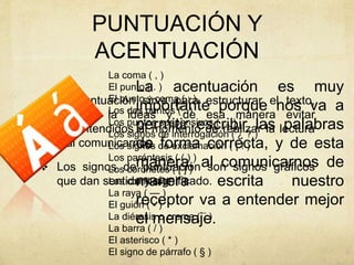 PUNTUACIÓN Y
ACENTUACIÓN
 La puntuación sirve para estructurar el texto,
ordenar la ideas y de esa manera evitar
malentendidos al momento de realizar la lectura
y al comunicarnos.
 Los signos de puntuación son signos gráficos
que dan sentido y significado.
La coma ( , )
El punto ( . )
El punto y coma ( ; )
Los dos puntos ( : )
Los puntos suspensivos ( ... )
Los signos de interrogación ( ¿ ? )
Los signos de exclamación ( ¡ ! )
Los paréntesis ( ( ) )
Los corchetes ( [ ] )
Las comillas ( “ ” )
La raya ( — )
El guión ( - )
La diéresis o crema ( ¨ )
La barra ( / )
El asterisco ( * )
El signo de párrafo ( § )
La acentuación es muy
importante porque nos va a
permitir escribir las palabras
de forma correcta, y de esta
manera, al comunicarnos de
manera escrita nuestro
receptor va a entender mejor
el mensaje.
 