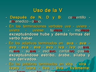 Uso de la V -   Después de N, D y B :   co nv entillo - a dv enedizo - o bv io. -  En las terminaciones verbales uve - uviere - uviera - uviese:  tu viese  - mo viese ;  exceptuándose hube y demás formas del verbo haber .   -  En los adjetivos terminados en  ava - ave - avo - eva - eve - evo - iva - ivo : oct ava - nu eve  - su ave  – escl avo - caritat ivo  -pas iva ; exceptuándose estribo, árabe, sílaba y sus derivados. -  En las palabras terminadas en  viro - vira - ívoro - ívora - tivo - tiva - tivamente : herb ívora  - creat ivo  - afirma tivamente .  