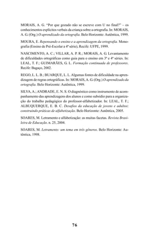 76
MORAIS, A. G. “Por que gozado não se escreve com U no final?” – os
conhecimentos explícitos verbais da criança sobre a ortografia. In: MORAIS,
A. G. (Org.) O aprendizado da ortografia. Belo Horizonte: Autêntica, 1999.
MOURA, E. Repensando o ensino e a aprendizagem da ortografia. Mono-
grafia (Ensino de Pré-Escolar a 4ª série), Recife: UFPE, 1999.
NASCIMENTO, A. C.; VILLAR, A. P. R.; MORAIS, A. G. Levantamento
de dificuldades ortográficas como guia para o ensino em 3ª e 4ª séries. In:
LEAL, T. F.; GUIMARÃES, G. L. Formação continuada de professores.
Recife: Bagaço, 2002.
REGO, L. L. B.; BUARQUE, L. L.Algumas fontes de dificuldade na apren-
dizagem de regras ortográficas. In: MORAIS,A. G. (Org.) O aprendizado da
ortografia. Belo Horizonte: Autêntica, 1999.
SILVA, A.; ANDRADE, E. N. S. O diagnóstico como instrumento de acom-
panhamento das aprendizagens dos alunos e como subsídio para a organiza-
ção do trabalho pedagógico do professor-alfabetizador. In: LEAL, T. F.;
ALBUQUERQUE, E. B. C. Desafios da educação de jovens e adultos:
construindo práticas de alfabetização. Belo Horizonte: Autêntica, 2005.
SOARES, M. Letramento e alfabetização: as muitas facetas. Revista Brasi-
leira de Educação. n. 25, 2004.
SOARES, M. Letramento: um tema em três gêneros. Belo Horizonte: Au-
têntica, 1998.
Ortografia na sala de aula0607finalgrafica.pmd 23/6/2009, 11:3376
 