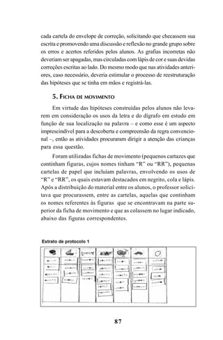 87
cada cartela do envelope de correção, solicitando que checassem sua
escrita e promovendo uma discussão e reflexão no grande grupo sobre
os erros e acertos referidos pelos alunos. As grafias incorretas não
deveriam ser apagadas, mas circuladas com lápis de cor e suas devidas
correções escritas ao lado. Do mesmo modo que nas atividades anteri-
ores, caso necessário, deveria estimular o processo de reestruturação
das hipóteses que se tinha em mãos e registrá-las.
5. FICHA DE MOVIMENTO
Em virtude das hipóteses construídas pelos alunos não leva-
rem em consideração os usos da letra e do dígrafo em estudo em
função de sua localização na palavra – e como esse é um aspecto
imprescindível para a descoberta e compreensão da regra convencio-
nal –, então as atividades procuraram dirigir a atenção das crianças
para essa questão.
Foram utilizadas fichas de movimento (pequenos cartazes que
continham figuras, cujos nomes tinham “R” ou “RR”), pequenas
cartelas de papel que incluíam palavras, envolvendo os usos de
“R” e “RR”, os quais estavam destacados em negrito, cola e lápis.
Após a distribuição do material entre os alunos, o professor solici-
tava que procurassem, entre as cartelas, aquelas que continham
os nomes referentes às figuras que se encontravam na parte su-
perior da ficha de movimento e que as colassem no lugar indicado,
abaixo das figuras correspondentes.
Ortografia na sala de aula0607finalgrafica.pmd 23/6/2009, 11:3487
 
