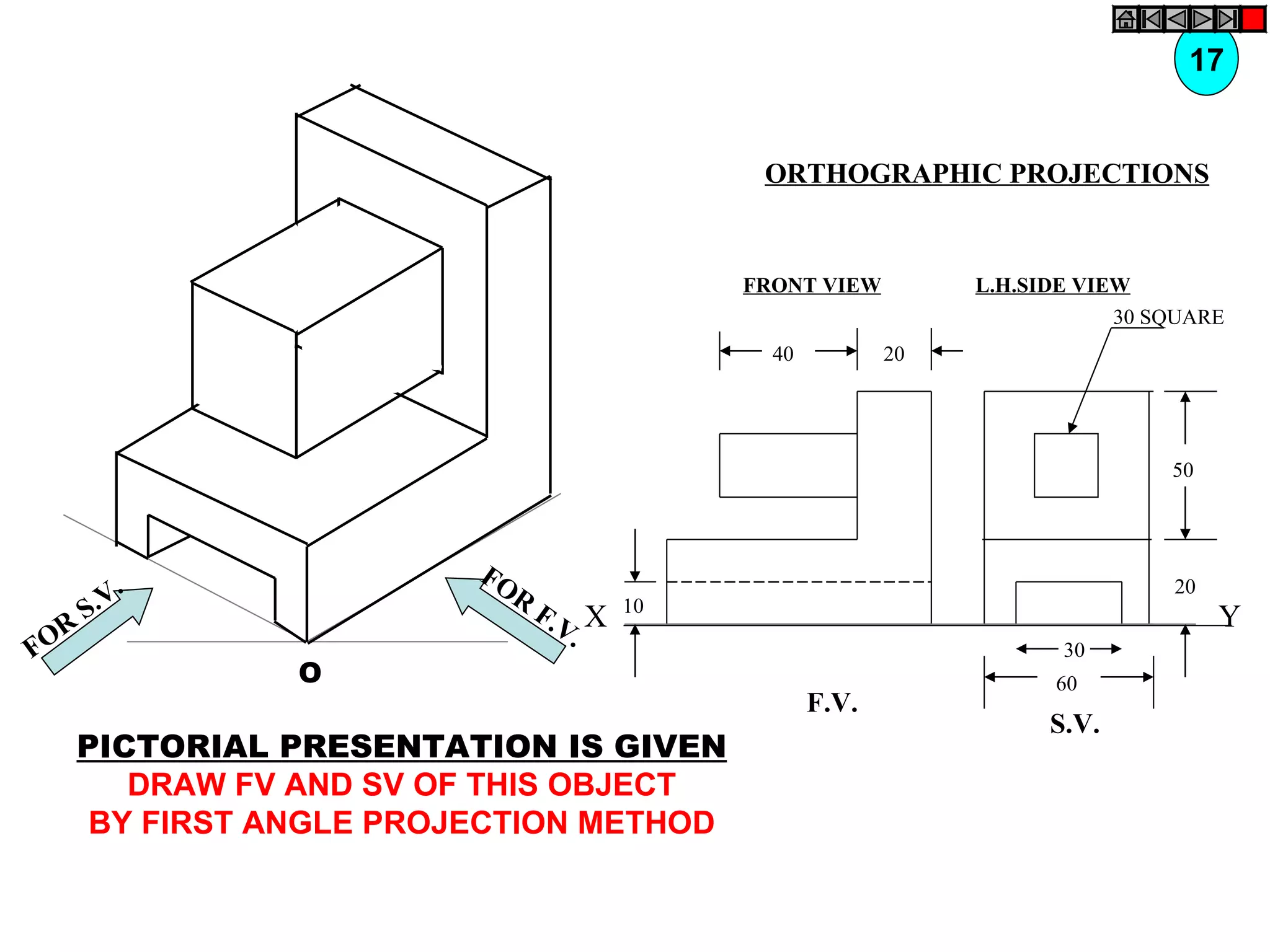 17


                                          ORTHOGRAPHIC PROJECTIONS


                                         FRONT VIEW         L.H.SIDE VIEW
                                                                        30 SQUARE
                                           40          20




                                                                            50



                      FO
         .              R                                                   20
      S.V                   F.V X   10
                                                                                 Y
  R                            .
FO                                                                 30
             O                                                    60
                                                F.V.
                                                                  S.V.
  PICTORIAL PRESENTATION IS GIVEN
     DRAW FV AND SV OF THIS OBJECT
   BY FIRST ANGLE PROJECTION METHOD
 