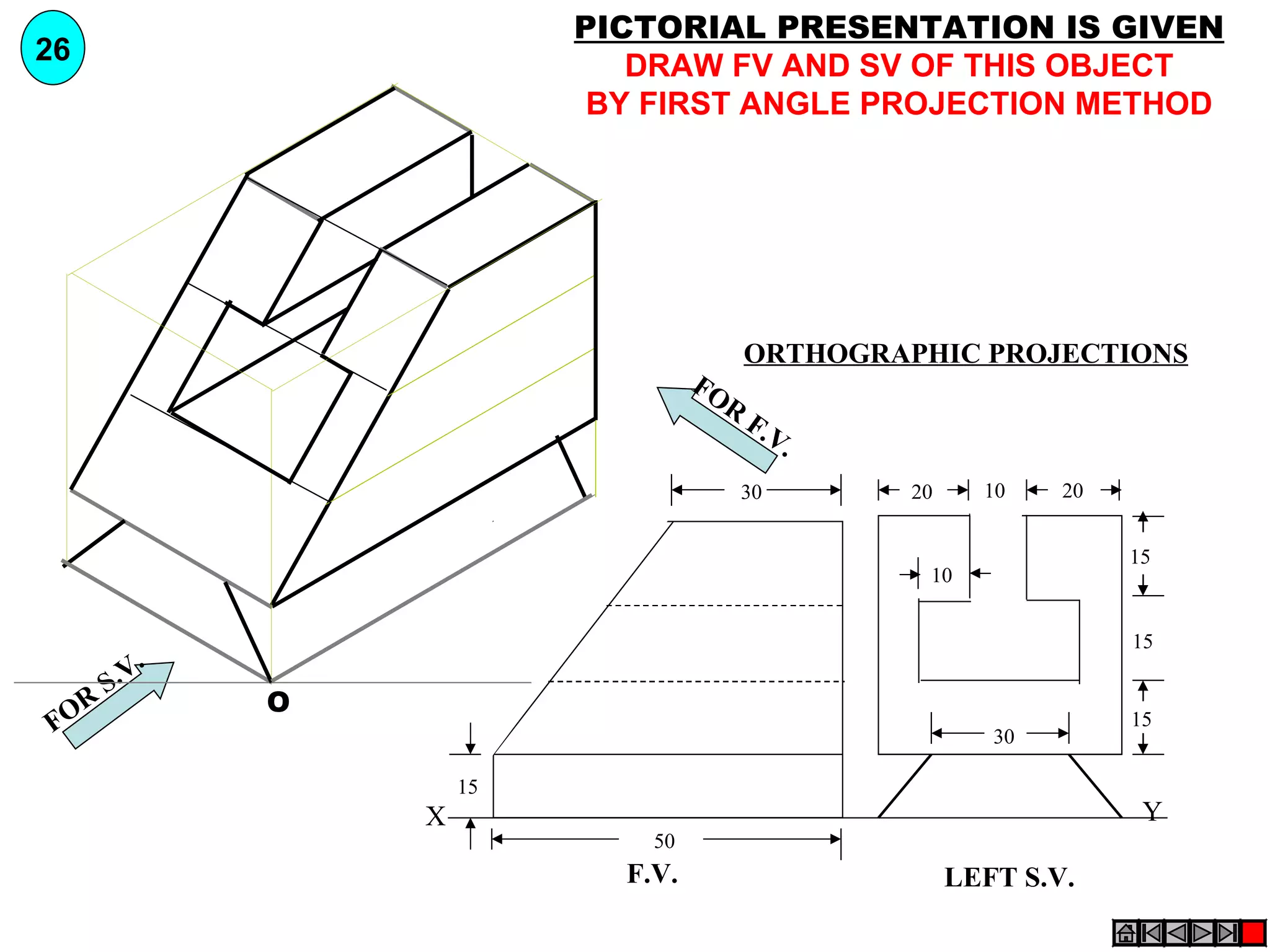 PICTORIAL PRESENTATION IS GIVEN
26
                              DRAW FV AND SV OF THIS OBJECT
                            BY FIRST ANGLE PROJECTION METHOD




                                          ORTHOGRAPHIC PROJECTIONS
                                    FO
                                      R
                                          F.V
                                             .
                                          30       20     10    20


                                                                     15
                                                    10


                                                                     15
          .
      S .V
  R           O
FO                                                         30
                                                                     15


                      15
                  X                                                   Y
                               50
                             F.V.                       LEFT S.V.
 