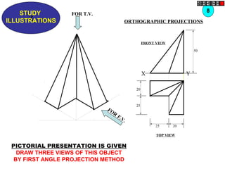Z
STUDY
ILLUSTRATIONS
X Y
50
20
25
25 20
FOR T.V.
FOR
F.V.
PICTORIAL PRESENTATION IS GIVEN
DRAW THREE VIEWS OF THIS OBJECT
BY FIRST ANGLE PROJECTION METHOD
8
ORTHOGRAPHIC PROJECTIONS
FRONT VIEW
TOP VIEW
 