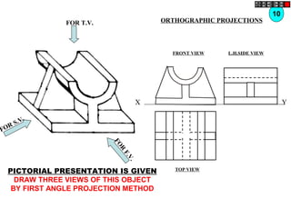 FOR T.V.
FOR S.V.
FOR
F.V.
PICTORIAL PRESENTATION IS GIVEN
DRAW THREE VIEWS OF THIS OBJECT
BY FIRST ANGLE PROJECTION METHOD
10
ORTHOGRAPHIC PROJECTIONS
FRONT VIEW
TOP VIEW
L.H.SIDE VIEW
X Y
 