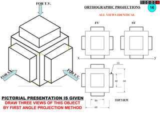 FOR T.V.
FOR
S.V. FOR
F.V.
PICTORIAL PRESENTATION IS GIVEN
DRAW THREE VIEWS OF THIS OBJECT
BY FIRST ANGLE PROJECTION METHOD
16ORTHOGRAPHIC PROJECTIONS
x y
FV SV
ALL VIEWS IDENTICAL
40 60
60
40
10
TOP VIEW
 