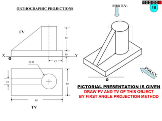 50
80
10
30 D
TV
O
FOR T.V.
FOR
F.V.
PICTORIAL PRESENTATION IS GIVEN
DRAW FV AND TV OF THIS OBJECT
BY FIRST ANGLE PROJECTION METHOD
18ORTHOGRAPHIC PROJECTIONS
40
10
45
FV
O
X Y
 