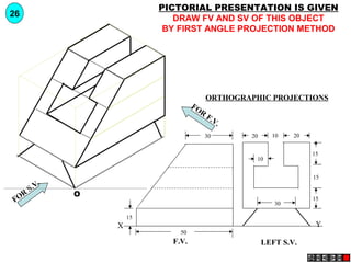 YX
F.V. LEFT S.V.
20 2010
15
15
15
30
10
30
50
15
FOR
S.V.
FOR
F.V.
O
PICTORIAL PRESENTATION IS GIVEN
DRAW FV AND SV OF THIS OBJECT
BY FIRST ANGLE PROJECTION METHOD
26
ORTHOGRAPHIC PROJECTIONS
 