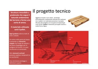 Struttura rimovibile a            Il progetto tecnico
 gradonata che segue il 
  naturale andamento                Oggetto di studio in vari settori , dal design 
                                    all’arredamento, ampiamente utilizzato per realizzare 
del terreno e forma una             orti, il pallet è un materiale economico e versatile.
     sorta di arena.                Alla base del progetto c'è il recupero di materiali già 
                                    usati quindi  il pallet è l’elemento principale insieme a  
                                    corde, ferro e legno.
 Il materiale utilizzato 
     sarà il pallet.
Ogni gradone alterna tratti di 
orto e sedute.

Al centro nella parte più bassa 
è presente un elemento 
singolo che funge da seduta o 
da piano d’appoggio per lo 
svolgersi di incontri, o si può 
strutturare un semenzaio.

Altri elementi verticali
possono ospitare rampicanti (x 
es zucchiene) 

Una recinsione protegge e 
delimita lo spazio.
 