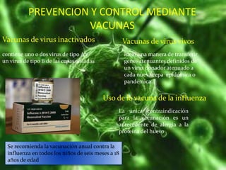 PREVENCION Y CONTROL MEDIANTE
VACUNAS
Vacunas de virus inactivados
contiene uno o dos virus de tipo A y
un virus de tipo B de las cepas aisladas
Vacunas de virus vivos
idear una manera de transferir
genes atenuantes definidos de
un virus donador atenuado a
cada nueva cepa epidémica o
pandémica.
Uso de la vacuna de la influenza
La única contraindicación
para la vacunación es un
antecedente de alergia a la
proteína del huevo
Se recomienda la vacunación anual contra la
influenza en todos los niños de seis meses a 18
años de edad
 