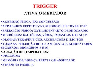 TRIGGER ATIVA O MEDIADOR  AGRESSÃO FÍSICA (EX: CONCUSSÃO) ATIVIDADES REPETITIVAS: SINDROME DE “OVER USE” EXERCÍCIO FÍSICO: GATILHO INFARTO DE MIOCARDIO MICRÓBIOS: BACTÉRIAS, VÍRUS, PARASITAS E FUNGOS DROGAS: TERAPEUTICOS, RECREAÇÕES E ILÍCITOS. TOXINAS: POLUIÇÃO DO AR, AMBIENTAIS, ALIMENTARES, CIGARROS,  MICRÓBIOS E ETC. VARIAÇÃO DE TEMPERATURA:   DISCÓRDIA  MEMÓRIA DA DOENÇA PRÉVIA OU ANSIEDADE STRESS NA FAMÍLIA  