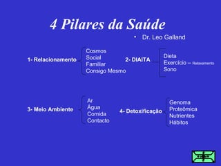 1- Relacionamento Cosmos  Social  Familiar  Consigo Mesmo  2- DIAITA  Dieta  Exercício –  Relaxamento  Sono  3- Meio Ambiente  Ar Água  Comida  Contacto  4- Detoxificação  Genoma  Proteômica  Nutrientes  Hábitos  4 Pilares da Saúde Dr. Leo Galland  