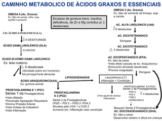  CIS ÁCIDO LINOLENICO (LA) CAMINHO METABOLICO DE ÁCIDOS GRAXOS E ESSENCIAIS OMEGA 6 (Ac. Graxos) Ex: Óleo de canola, milho, soja,  açafrão e girassol) OMEGA 3 (Ac. Graxos) Ex: óleo de semente de linhaça, soja e canola. Excesso de gordura trans, insulina, deficiência, de Zn e Mg contribui p/  desaturase. 6 DESATURASE ÁCIDO GAMA LINOLENICO (GLA) ELONGASE AC. ALFA LINOLENICO (LNA) AC. EICOTETRANOICO ÁCIDO DI-HOMO GAMA LINOLENICO Ex: leite materno 5 desaturase (Atividade pobre em humanos) AA principal fonte alimentar  ÁCIDO ARAQUIDONICO(AA) Ex: gordura animal PROSTAGLANDINA E 1 (PG1) Séries 1 da  Prostaglandinas Vaso dilatado  Prevenção Agregação Plaquetaria Diminui Pressão Arterial  Inibe síntese de Colesterol Inibe Inflamação  PROSTAGLANDINA  E 2 (PG2)  Séries 2 da Prostaglandinas (PGD – PGI 2 – PGG 2- PGA 2 Ativados pelo COX 1 e COX 2  Aumenta dor, inflamação vaso constrição  6 desaturase  Elongase  ÁC. EICOTETRANOICO  5 desaturase  AC. EICOPENTANOICO (EPA) Ex: óleo de peixe Inibe efeito cascata de Ac. Araquidonico Diminuindo atividade desaturase Previne coagulação.  LIPOOXIGENADAS Elongase Leucotrienos (LT) Inflamação + Constrição  PROSTAGLANDINA  E3 (PG3) Séries 3 de Prostaglandinas PGH 3 PGI 3 TXB 3 (Antiflamatório)  4 desaturase Crise aguda de doença  inflamatória Bloqueio Series 2 Prostaglandinas  AC. DOCOSAHEXANOICO (DHA)   Ex: óleo e peixe Desenvolve cérebro e olhos em crianças  