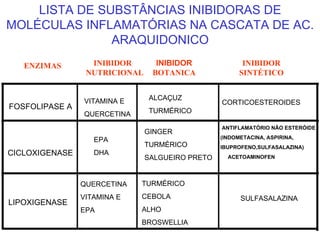 LISTA DE SUBSTÂNCIAS INIBIDORAS DE MOLÉCULAS INFLAMATÓRIAS NA CASCATA DE   AC. ARAQUIDONICO   CORTICOESTEROIDES  INIBIDOR  BOTANICA   INIBIDOR  SINTÉTICO  INIBIDOR  NUTRICIONAL FOSFOLIPASE A VITAMINA E QUERCETINA ALCAÇUZ TURMÉRICO CICLOXIGENASE EPA DHA GINGER TURMÉRICO SALGUEIRO PRETO ANTIFLAMATÓRIO NÃO ESTERÓIDE (INDOMETACINA, ASPIRINA, IBUPROFENO,SULFASALAZINA) ACETOAMINOFEN ENZIMAS LIPOXIGENASE QUERCETINA VITAMINA E EPA TURMÉRICO CEBOLA ALHO BROSWELLIA SULFASALAZINA                                   