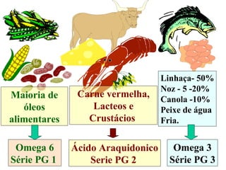 Linhaça- 50% Noz - 5 -20% Canola -10% Peixe de água  Fria. Maioria de óleos alimentares Carne vermelha, Lacteos e Crustácios  Omega 6 Série PG 1  Ácido Araquidonico Serie PG 2  Omega 3 Série PG 3 