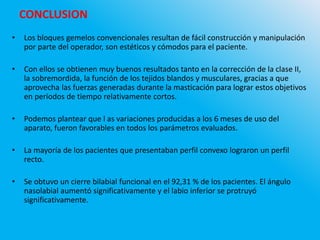 • Los bloques gemelos convencionales resultan de fácil construcción y manipulación
por parte del operador, son estéticos y cómodos para el paciente.
• Con ellos se obtienen muy buenos resultados tanto en la corrección de la clase II,
la sobremordida, la función de los tejidos blandos y musculares, gracias a que
aprovecha las fuerzas generadas durante la masticación para lograr estos objetivos
en períodos de tiempo relativamente cortos.
• Podemos plantear que l as variaciones producidas a los 6 meses de uso del
aparato, fueron favorables en todos los parámetros evaluados.
• La mayoría de los pacientes que presentaban perfil convexo lograron un perfil
recto.
• Se obtuvo un cierre bilabial funcional en el 92,31 % de los pacientes. El ángulo
nasolabial aumentó significativamente y el labio inferior se protruyó
significativamente.
CONCLUSION
 