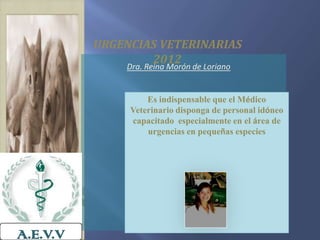 Es indispensable que el Médico
Veterinario disponga de personal idóneo
capacitado especialmente en el área de
urgencias en pequeñas especies
Dra. Reina Morón de Loriano
URGENCIAS VETERINARIAS
2012
A.E.V.V
 