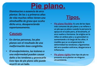 Pie plano.
Disminucion o ausencia de arco
plantar. De los 2-4 primeros años
de vida muchos niños tienen una
almohadilla de grasa que oculta
dicho arco, desapareciendo
espontaneamente.
Causas:
● En ciertas personas, los pies
planos son el resultado de una
malformación ósea congénita.
● El envejecimiento, las lesiones o
una enfermedad pueden causar
daño a los tendones y provocarlo
Este tipo de pie plano sólo puede
ocurrir en un lado.
Tipos.
● Pie plano flexible: Es uno de los tipos
más comunes de pie plano y se refiere a
un pie que es plano cuando la persona lo
apoya en el suelo pero, al levantarlo, el
arco vuelve a formarse. Se origina en la
niñez en ambos pies y su gravedad va
aumentando a lo largo de los años. A
medida que se va empeorando la
deformidad los tendones y ligamentos
del arco pueden estirarse, desgarrarse e
inflamarse.
● Pie plano rígido: Este tipo de pie no
presenta arco plantar en ninguna
circunstancia.
 