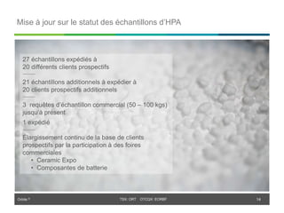Orbite © TSX: ORT OTCQX: EORBF
Mise à jour sur le statut des échantillons d’HPA
14
27 échantillons expédiés à
20 différents clients prospectifs
21 échantillons additionnels à expédier à
20 clients prospectifs additionnels
3 requêtes d’échantillon commercial (50 – 100 kgs)
jusqu’à présent
1 expédié
Élargissement continu de la base de clients
prospectifs par la participation à des foires
commerciales
• Ceramic Expo
• Composantes de batterie
 