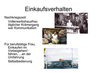 Einkaufsverhalten Nachkriegszeit: Vollerwerbshausfrau täglicher Krämergang war Kommunikation Für berufstätige Frau, Einkaufen im Vorbeigehen/-fahren, ...an der Umfahrung Selbstbedienung  