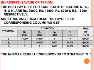 (IV) Hurwicz Criterion or Criterion of Realism:Also called weighted average criterion, it is a compromise between the maximax (optimistic) and minimax (pessimistic) decision criterion. This concept allows the decision maker to take into account both maximum and minimum for each alternative and assign them weights according to his degree of optimism (or pessimism). The working method is summarizing as follow:Choose an appropriate degree of optimism, α so that (1-α) represents degree of pessimism.Determine the maximum as well as minimum of each alternative and obtainP = α. Maximum + (1-α). Minimum							for each alternative.Choose the alternative that yields the maximum value of P. 