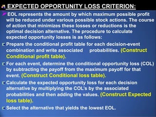 DECESION MAKING UNDER RISK:Here more than one state of nature exists and the decision maker has sufficient information to assign probabilities to each of these states. These probabilities could be obtained from the past records or simply the subjective judgment of the decision maker. Under conditions of risk, knowing the probability distribution of the state of nature, the best decision is to select the course of action which has the largest expected pay off value.