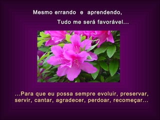 Mesmo errando  e  aprendendo,  Tudo me será favorável... ...Para que eu possa sempre evoluir, preservar, servir, cantar, agradecer, perdoar, recomeçar... 
