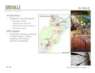 tsx | orv
 REDISCOVERING ORVANA
CARLÉS
EL VALLE
Rio	Narcea	Belt	
EL VALLE
FY 2015 Plan
•  Exploration and drill program
•  Delineation drilling
•  Targeting new resources
•  Expansion of known resources
•  Production drilling
2016 Targets
•  Exploration activities underway
on other targets – drilling,
mapping, soil analysis,
geochem, geophysics
13
 