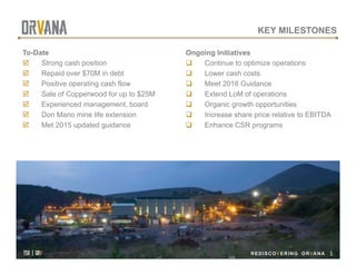tsx | orv
 REDISCOVERING ORVANA
KEY MILESTONES
To-Date
!  Strong cash position
!  Repaid over $70M in debt
!  Positive operating cash flow
!  Sale of Copperwood for up to $25M
!  Experienced management, board
!  Don Mario mine life extension
!  Met 2015 updated guidance
Ongoing Initiatives
"  Continue to optimize operations
"  Lower cash costs
"  Meet 2016 Guidance
"  Extend LoM of operations
"  Organic growth opportunities
"  Increase share price relative to EBITDA
"  Enhance CSR programs
REDISCOVERING ORVANA 5
tsx | orv
 