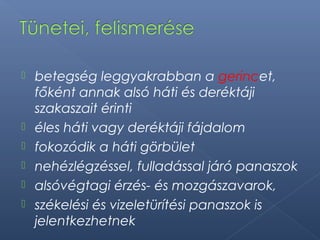  betegség leggyakrabban a gerincet,
főként annak alsó háti és deréktáji
szakaszait érinti
 éles háti vagy deréktáji fájdalom
 fokozódik a háti görbület
 nehézlégzéssel, fulladással járó panaszok
 alsóvégtagi érzés- és mozgászavarok,
 székelési és vizeletürítési panaszok is
jelentkezhetnek
 