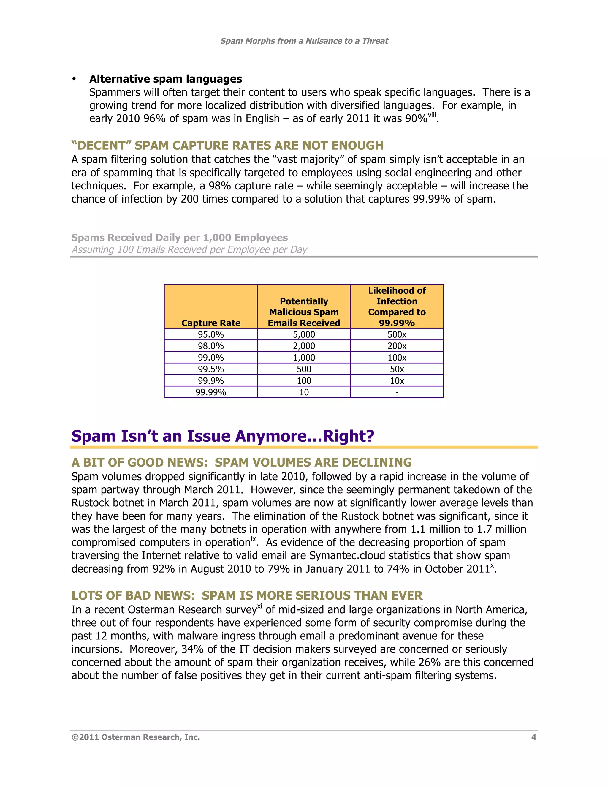 Spam Morphs from a Nuisance to a Threat



•   Alternative spam languages
    Spammers will often target their content to users who speak specific languages. There is a
    growing trend for more localized distribution with diversified languages. For example, in
    early 2010 96% of spam was in English – as of early 2011 it was 90%viii.

“DECENT” SPAM CAPTURE RATES ARE NOT ENOUGH
A spam filtering solution that catches the “vast majority” of spam simply isn’t acceptable in an
era of spamming that is specifically targeted to employees using social engineering and other
techniques. For example, a 98% capture rate – while seemingly acceptable – will increase the
chance of infection by 200 times compared to a solution that captures 99.99% of spam.


Spams Received Daily per 1,000 Employees
Assuming 100 Emails Received per Employee per Day



                                                                  Likelihood of
                                             Potentially            Infection
                                           Malicious Spam         Compared to
                        Capture Rate       Emails Received           99.99%
                           95.0%                5,000                  500x
                           98.0%                2,000                  200x
                           99.0%                1,000                  100x
                           99.5%                 500                   50x
                           99.9%                 100                   10x
                          99.99%                  10                     -




Spam Isn’t an Issue Anymore…Right?
A BIT OF GOOD NEWS: SPAM VOLUMES ARE DECLINING
Spam volumes dropped significantly in late 2010, followed by a rapid increase in the volume of
spam partway through March 2011. However, since the seemingly permanent takedown of the
Rustock botnet in March 2011, spam volumes are now at significantly lower average levels than
they have been for many years. The elimination of the Rustock botnet was significant, since it
was the largest of the many botnets in operation with anywhere from 1.1 million to 1.7 million
compromised computers in operationix. As evidence of the decreasing proportion of spam
traversing the Internet relative to valid email are Symantec.cloud statistics that show spam
decreasing from 92% in August 2010 to 79% in January 2011 to 74% in October 2011x.

LOTS OF BAD NEWS: SPAM IS MORE SERIOUS THAN EVER
In a recent Osterman Research surveyxi of mid-sized and large organizations in North America,
three out of four respondents have experienced some form of security compromise during the
past 12 months, with malware ingress through email a predominant avenue for these
incursions. Moreover, 34% of the IT decision makers surveyed are concerned or seriously
concerned about the amount of spam their organization receives, while 26% are this concerned
about the number of false positives they get in their current anti-spam filtering systems.




©2011 Osterman Research, Inc.                                                                      4
 