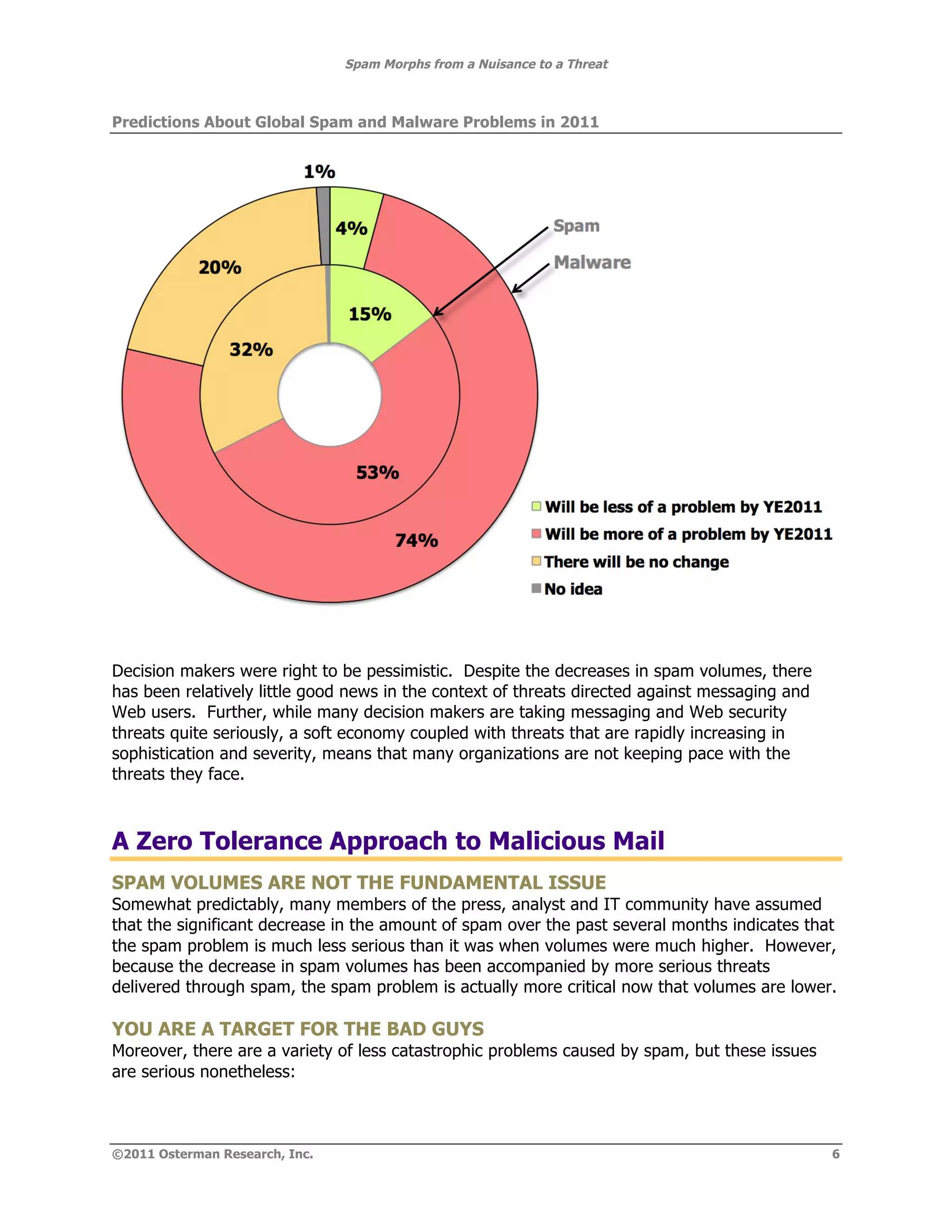 Spam Morphs from a Nuisance to a Threat



Predictions About Global Spam and Malware Problems in 2011




Decision makers were right to be pessimistic. Despite the decreases in spam volumes, there
has been relatively little good news in the context of threats directed against messaging and
Web users. Further, while many decision makers are taking messaging and Web security
threats quite seriously, a soft economy coupled with threats that are rapidly increasing in
sophistication and severity, means that many organizations are not keeping pace with the
threats they face.



A Zero Tolerance Approach to Malicious Mail
SPAM VOLUMES ARE NOT THE FUNDAMENTAL ISSUE
Somewhat predictably, many members of the press, analyst and IT community have assumed
that the significant decrease in the amount of spam over the past several months indicates that
the spam problem is much less serious than it was when volumes were much higher. However,
because the decrease in spam volumes has been accompanied by more serious threats
delivered through spam, the spam problem is actually more critical now that volumes are lower.

YOU ARE A TARGET FOR THE BAD GUYS
Moreover, there are a variety of less catastrophic problems caused by spam, but these issues
are serious nonetheless:



©2011 Osterman Research, Inc.                                                                   6
 