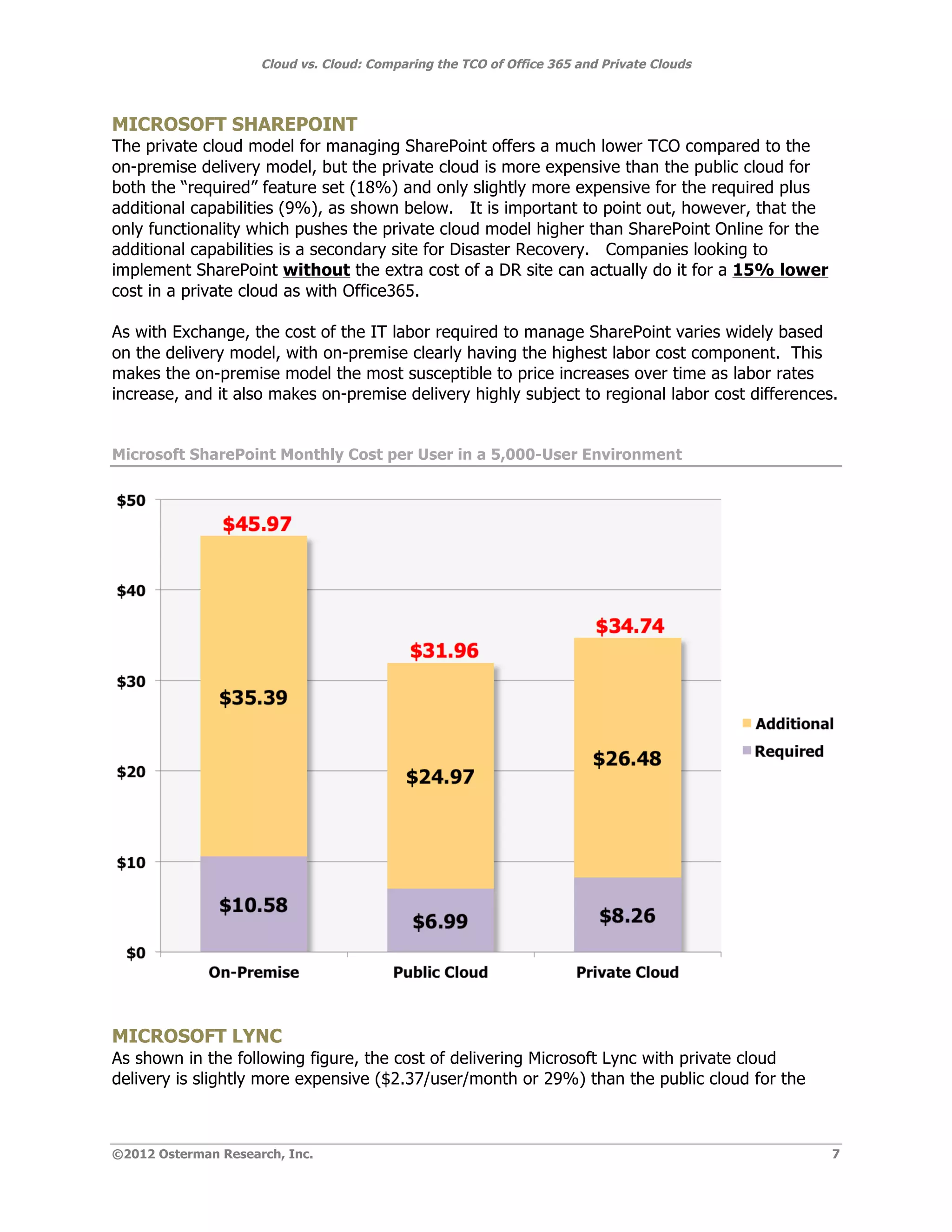 Cloud vs. Cloud: Comparing the TCO of Office 365 and Private Clouds



MICROSOFT SHAREPOINT
The private cloud model for managing SharePoint offers a much lower TCO compared to the
on-premise delivery model, but the private cloud is more expensive than the public cloud for
both the “required” feature set (18%) and only slightly more expensive for the required plus
additional capabilities (9%), as shown below. It is important to point out, however, that the
only functionality which pushes the private cloud model higher than SharePoint Online for the
additional capabilities is a secondary site for Disaster Recovery. Companies looking to
implement SharePoint without the extra cost of a DR site can actually do it for a 15% lower
cost in a private cloud as with Office365.

As with Exchange, the cost of the IT labor required to manage SharePoint varies widely based
on the delivery model, with on-premise clearly having the highest labor cost component. This
makes the on-premise model the most susceptible to price increases over time as labor rates
increase, and it also makes on-premise delivery highly subject to regional labor cost differences.


Microsoft SharePoint Monthly Cost per User in a 5,000-User Environment




MICROSOFT LYNC
As shown in the following figure, the cost of delivering Microsoft Lync with private cloud
delivery is slightly more expensive ($2.37/user/month or 29%) than the public cloud for the



©2012 Osterman Research, Inc.                                                                    7
 
