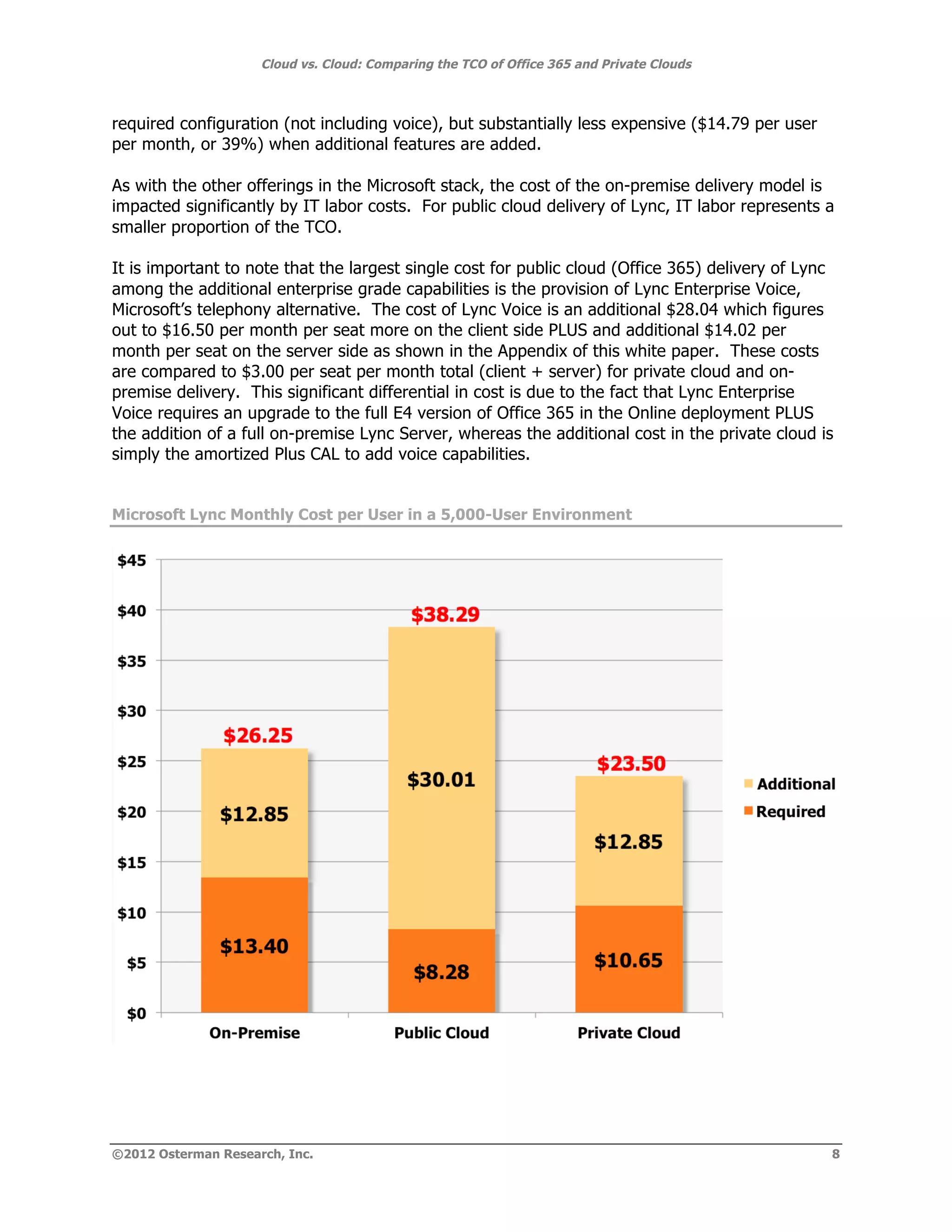 Cloud vs. Cloud: Comparing the TCO of Office 365 and Private Clouds



required configuration (not including voice), but substantially less expensive ($14.79 per user
per month, or 39%) when additional features are added.

As with the other offerings in the Microsoft stack, the cost of the on-premise delivery model is
impacted significantly by IT labor costs. For public cloud delivery of Lync, IT labor represents a
smaller proportion of the TCO.

It is important to note that the largest single cost for public cloud (Office 365) delivery of Lync
among the additional enterprise grade capabilities is the provision of Lync Enterprise Voice,
Microsoft’s telephony alternative. The cost of Lync Voice is an additional $28.04 which figures
out to $16.50 per month per seat more on the client side PLUS and additional $14.02 per
month per seat on the server side as shown in the Appendix of this white paper. These costs
are compared to $3.00 per seat per month total (client + server) for private cloud and on-
premise delivery. This significant differential in cost is due to the fact that Lync Enterprise
Voice requires an upgrade to the full E4 version of Office 365 in the Online deployment PLUS
the addition of a full on-premise Lync Server, whereas the additional cost in the private cloud is
simply the amortized Plus CAL to add voice capabilities.


Microsoft Lync Monthly Cost per User in a 5,000-User Environment




©2012 Osterman Research, Inc.                                                                     8
 