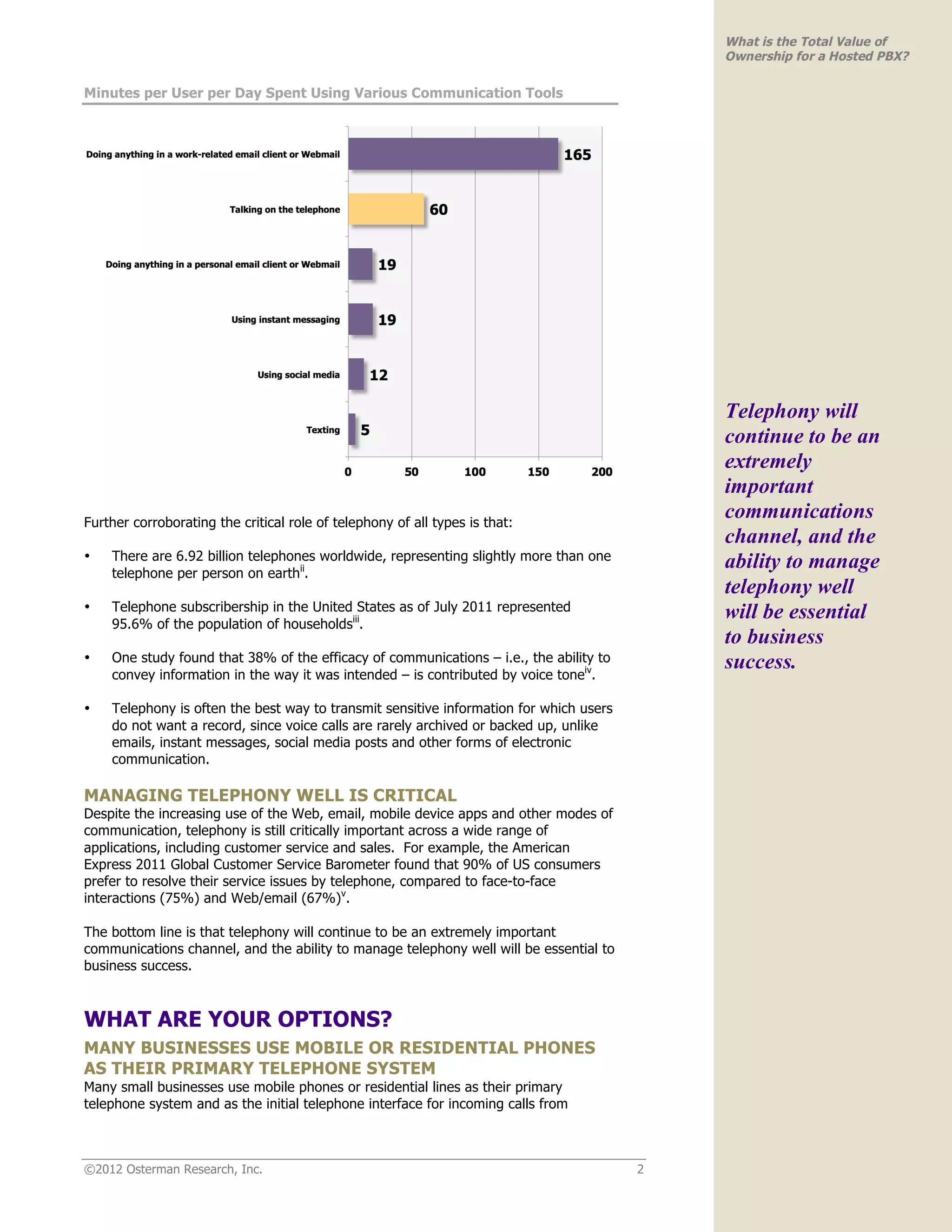 What is the Total Value of
                                                                                            Ownership for a Hosted PBX?

Minutes per User per Day Spent Using Various Communication Tools




                                                                                            Telephony will
                                                                                            continue to be an
                                                                                            extremely
                                                                                            important
Further corroborating the critical role of telephony of all types is that:
                                                                                            communications
                                                                                            channel, and the
    There are 6.92 billion telephones worldwide, representing slightly more than one
•
    telephone per person on earthii.
                                                                                            ability to manage
                                                                                            telephony well
•   Telephone subscribership in the United States as of July 2011 represented               will be essential
    95.6% of the population of householdsiii.
                                                                                            to business
•   One study found that 38% of the efficacy of communications – i.e., the ability to       success.
    convey information in the way it was intended – is contributed by voice toneiv.

•   Telephony is often the best way to transmit sensitive information for which users
    do not want a record, since voice calls are rarely archived or backed up, unlike
    emails, instant messages, social media posts and other forms of electronic
    communication.

MANAGING TELEPHONY WELL IS CRITICAL
Despite the increasing use of the Web, email, mobile device apps and other modes of
communication, telephony is still critically important across a wide range of
applications, including customer service and sales. For example, the American
Express 2011 Global Customer Service Barometer found that 90% of US consumers
prefer to resolve their service issues by telephone, compared to face-to-face
interactions (75%) and Web/email (67%)v.

The bottom line is that telephony will continue to be an extremely important
communications channel, and the ability to manage telephony well will be essential to
business success.



WHAT ARE YOUR OPTIONS?
MANY BUSINESSES USE MOBILE OR RESIDENTIAL PHONES
AS THEIR PRIMARY TELEPHONE SYSTEM
Many small businesses use mobile phones or residential lines as their primary
telephone system and as the initial telephone interface for incoming calls from



©2012 Osterman Research, Inc.                                                           2
 